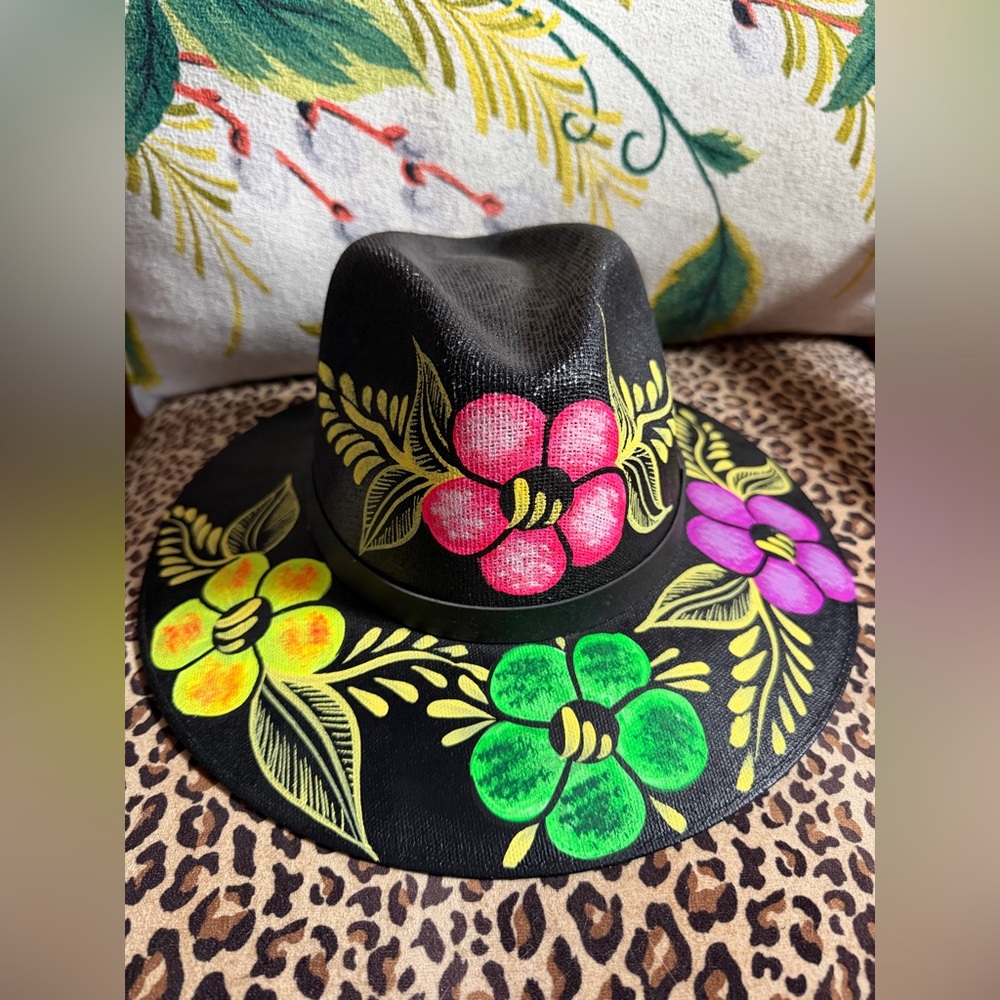 Hand-Painted Artesian Floral Black Wide-Brim Sun Hat from Mexico